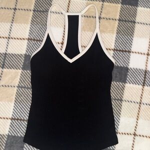 Black V-Neck Racerback Tank Top with Cream Trim